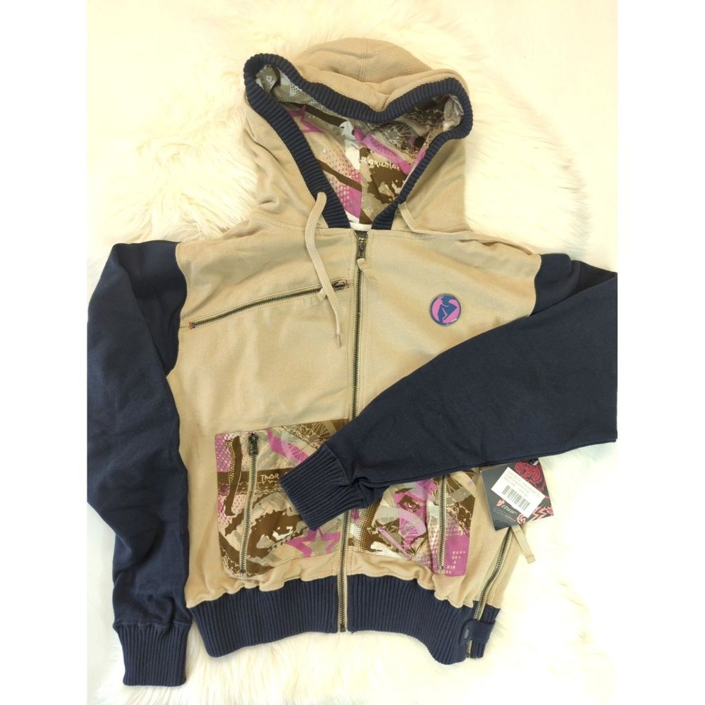 Thor Womens SZ M Tan/Navy Zip Up Hooded Sweatshirt NWT